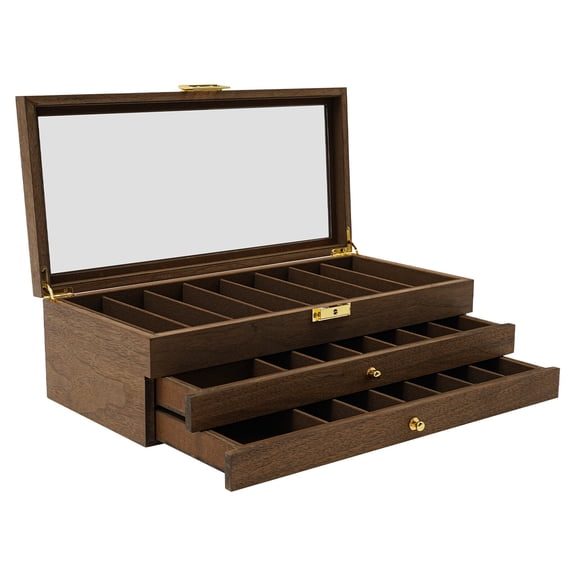 Vintage Knife Display Case, 22 Slot Storage Box, 3-Tier, Lockable, Showcase & Organizer for Pocket Knives, Men Gift, 15.7 *7.6 *4.7 in Walnut Color