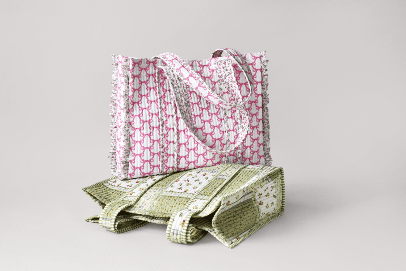 No Boundaries Women's Quilted Tote Bag, Green Patchwork/Stripe