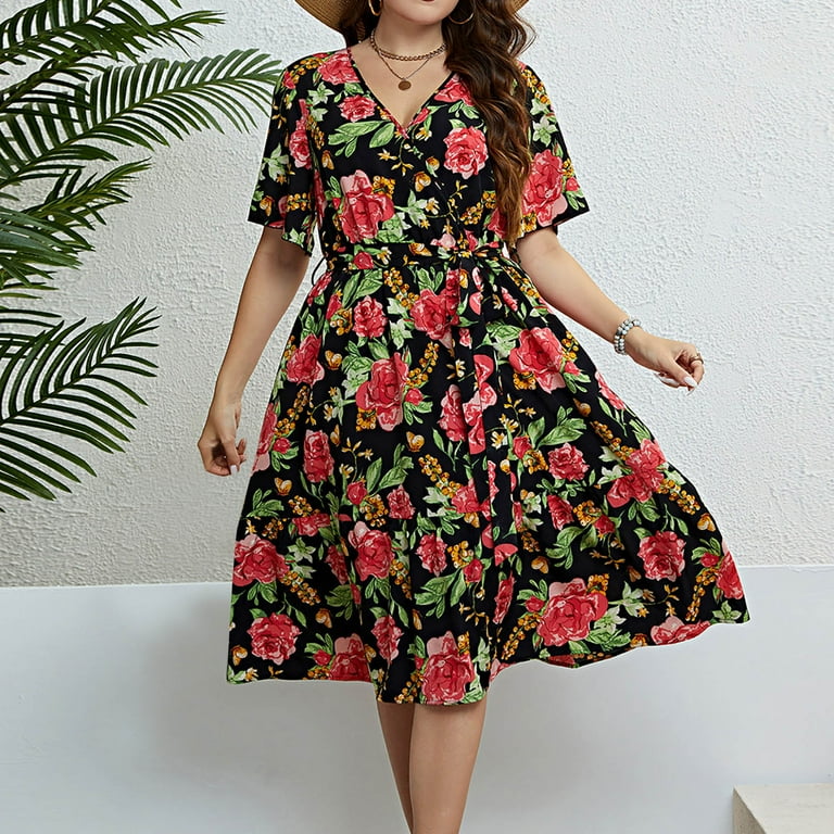 Bell Sleeve V Neck Printing High Waist Floral Dresses Bell Sleeve V Neck Printing High Waist Floral Dresses