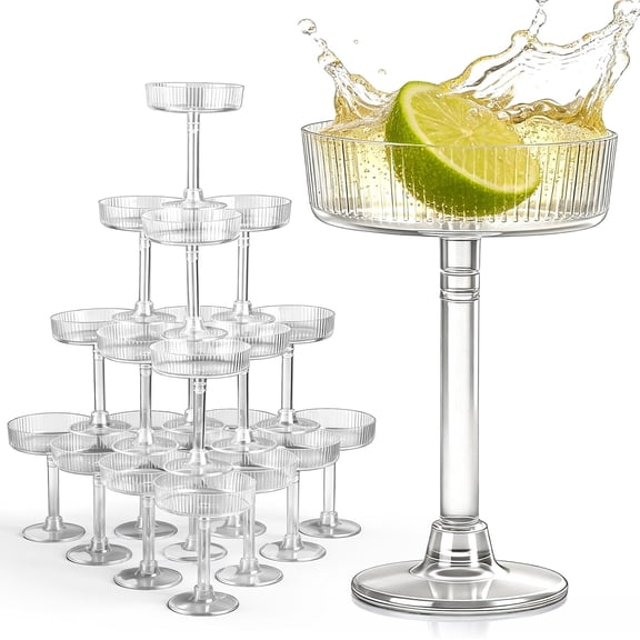 24 Pack Plastic Champagne Tower 5 oz Champagne Flutes Martini Glasses Unbreakable Plastic Cocktail Glasses Stackable Stemmed Martini Cups for New Year Party Wedding Birthday Party Bar