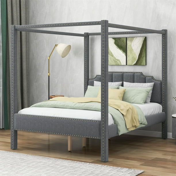 ARCTICSCORPION Queen Size Canopy Platform Bed, Solid Wood Bed Frame
