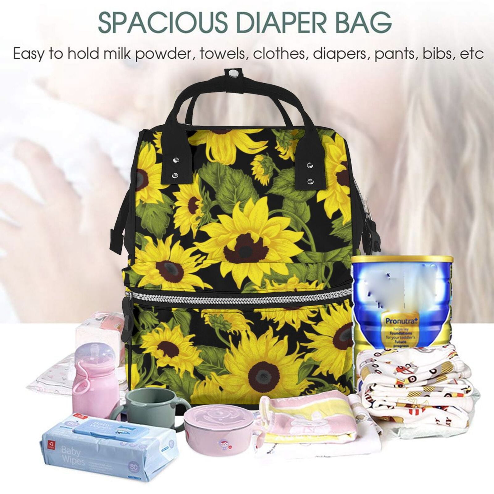 Fuzoiu Sunflowers In Vintage Print Diaper Bag Backpack,Baby Essentials Travel Tote,Multi function Waterproof Diaper Bag, Travel Essentials Baby Bag - Unisex