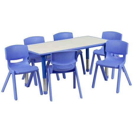 Daycare High Chair Table Flash Furniture 23.625''W x 47.25''L Adjustable Rectangular Plastic Activity Table Set with 6 School Stack Chairs, Grey ()