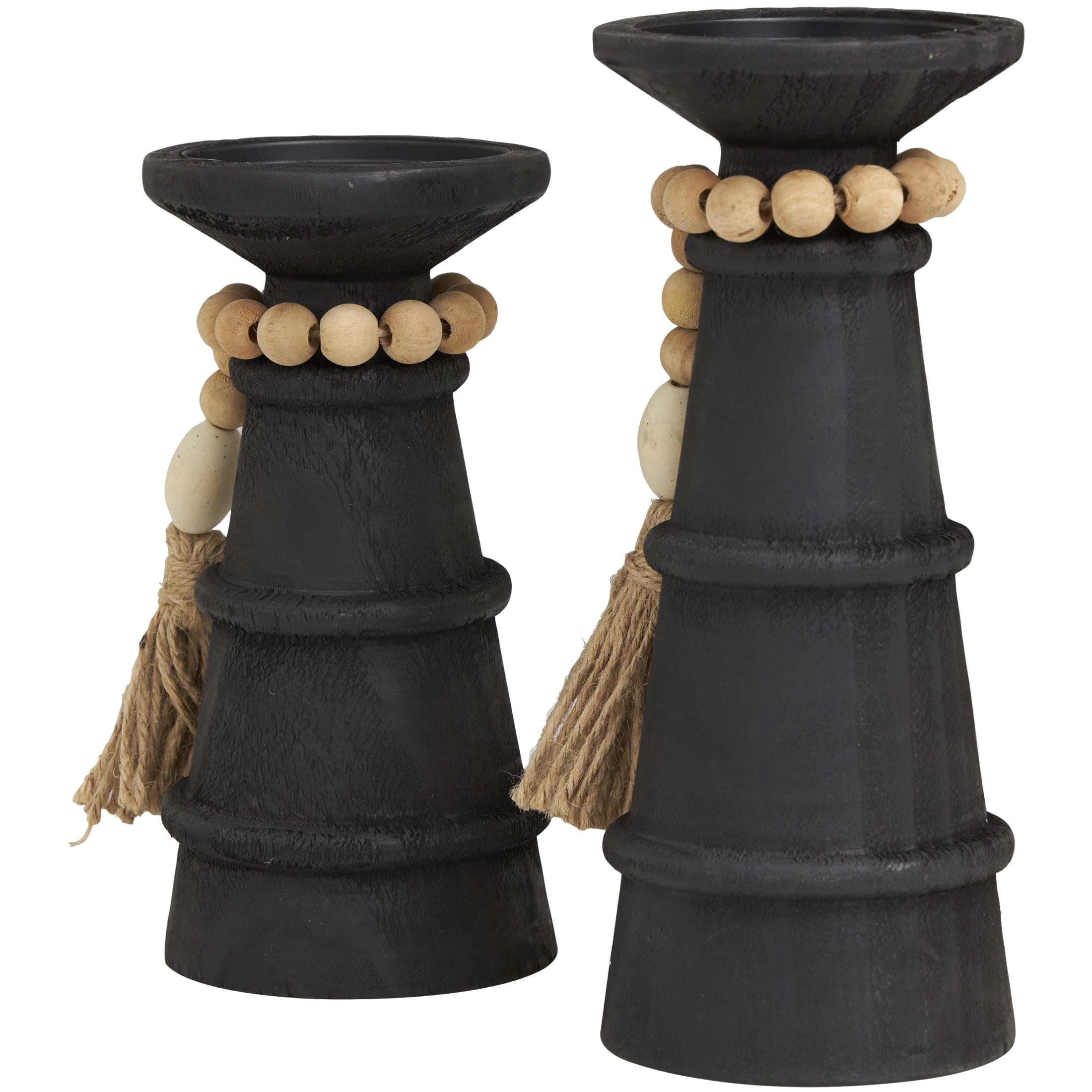 DecMode 2 Candle Black Wood Handmade Textured Matte Candle Holder with Beaded Garland Accent, Set of 2