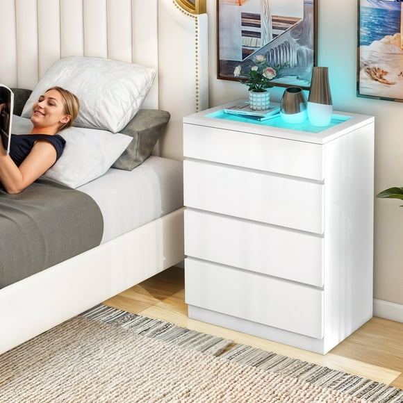 Modern 4 Drawers Double Dresser with LED Lights, Storage Organizer Chest of Drawers, White