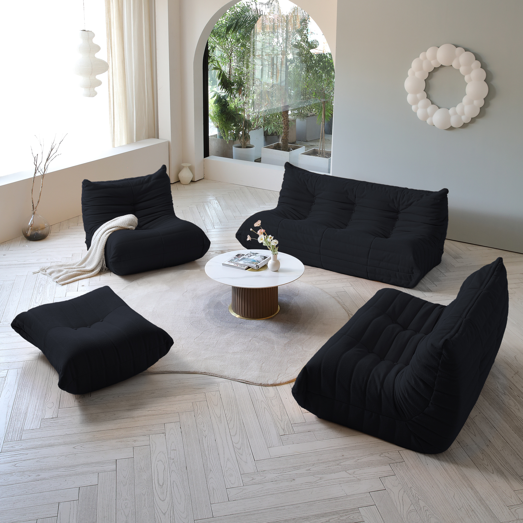 thumbnail image 4 of Magic Home Modern Sectional Sofa Togo Sofa Lazy Sofa Foam Couch Floor Sofa Velvet Couch for Living Room and Apartment,6 Seat Sofa and Ottoman,Black, 4 of 10