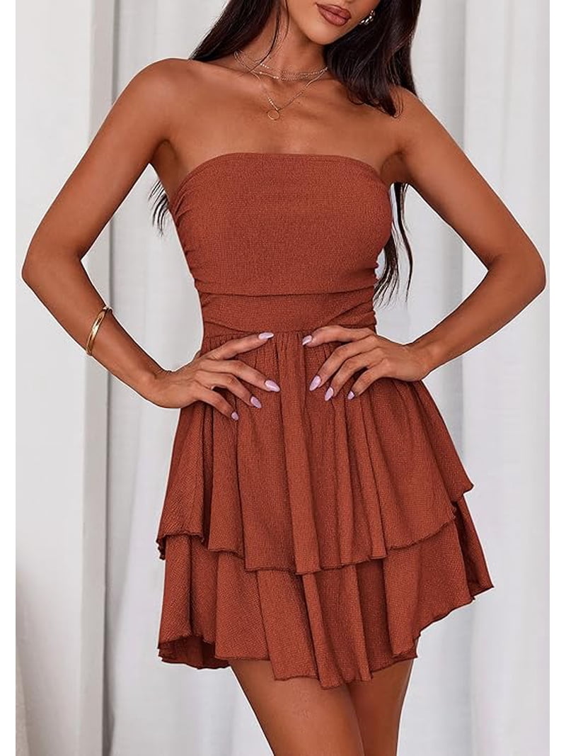 strapless short flowy dress Prettygarden Women's Summer Tube Mini Off Shoulder Smocked Ruffle A Line Party Club Dresses, Size: Small, Red WOMENS NEW ARRIVALS SUMMER2026