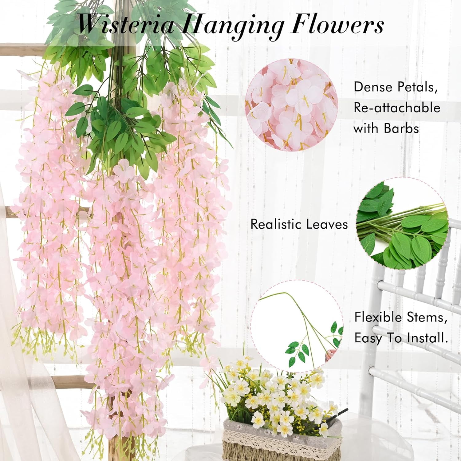 Waipfaru Wisteria Hanging Flowers,40 Pack Fake Wisteria Vine,3.6ft/Pcs Hanging Flower Garland,Silk Wisteria Flowers for Wedding Party Home Decor (Light Pink)