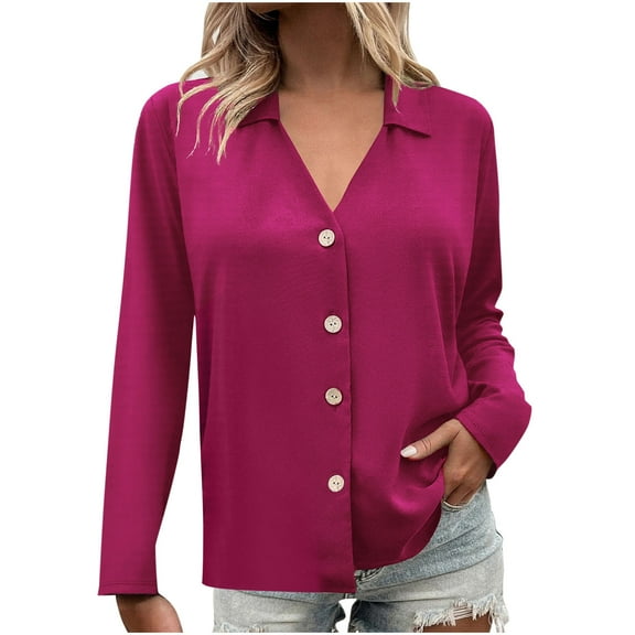 Bmawag Women's Blouses Long Sleeve Crew Neck Plus Size Solid Color Button Up Open Front Shirts Women's Fashion Casual Loose Blouse Gifts for Women Hot Pink XL