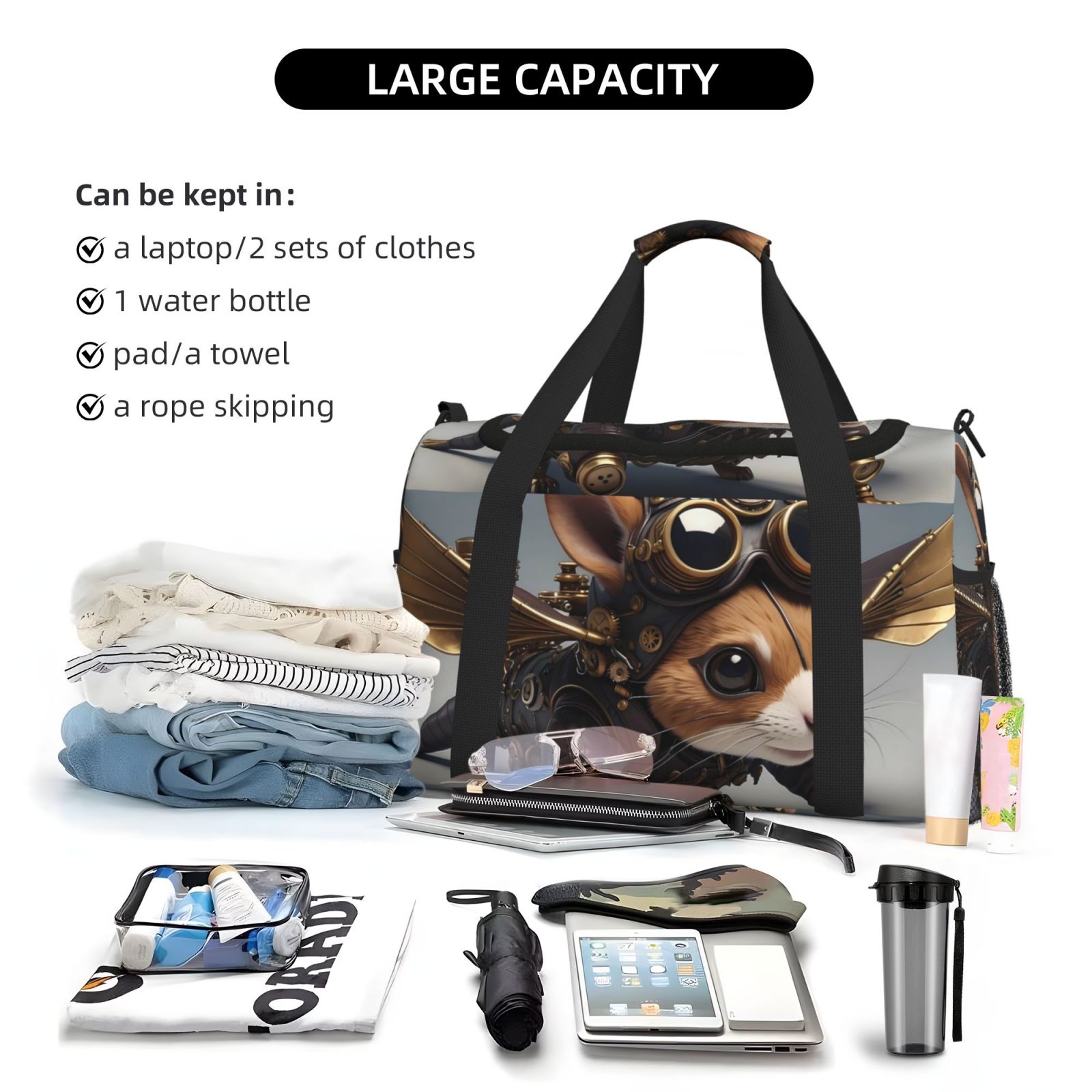 Fuzoiu Steampunk Squirrel Pilot Print Travel Duffle Bag,Carry On Tote Bags,Duffel Bag,Sport Gym Bag, Hospital Bag for Labor and Delivery, Overnight Bag,Luggage Bag
