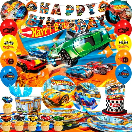 Hot Car Birthday Party Supplies, 114pcs Cars Party Decorations & Tableware Set Including Race Cars Plates Tablecloth Cups Backdrop Banner Cake Toppers etc Race Car Birthday Party Supplies for Kids