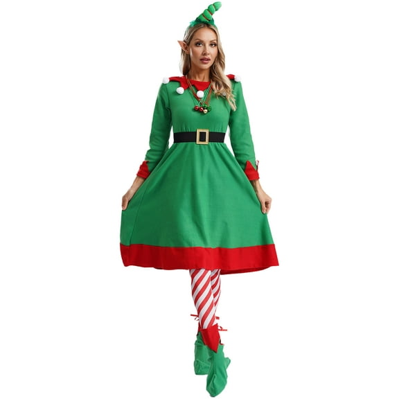 Zaldita Women Christmas Elf Suit Santa Helper Velvet Dress Xmas Holiday Party 7Pcs Outfits Green L