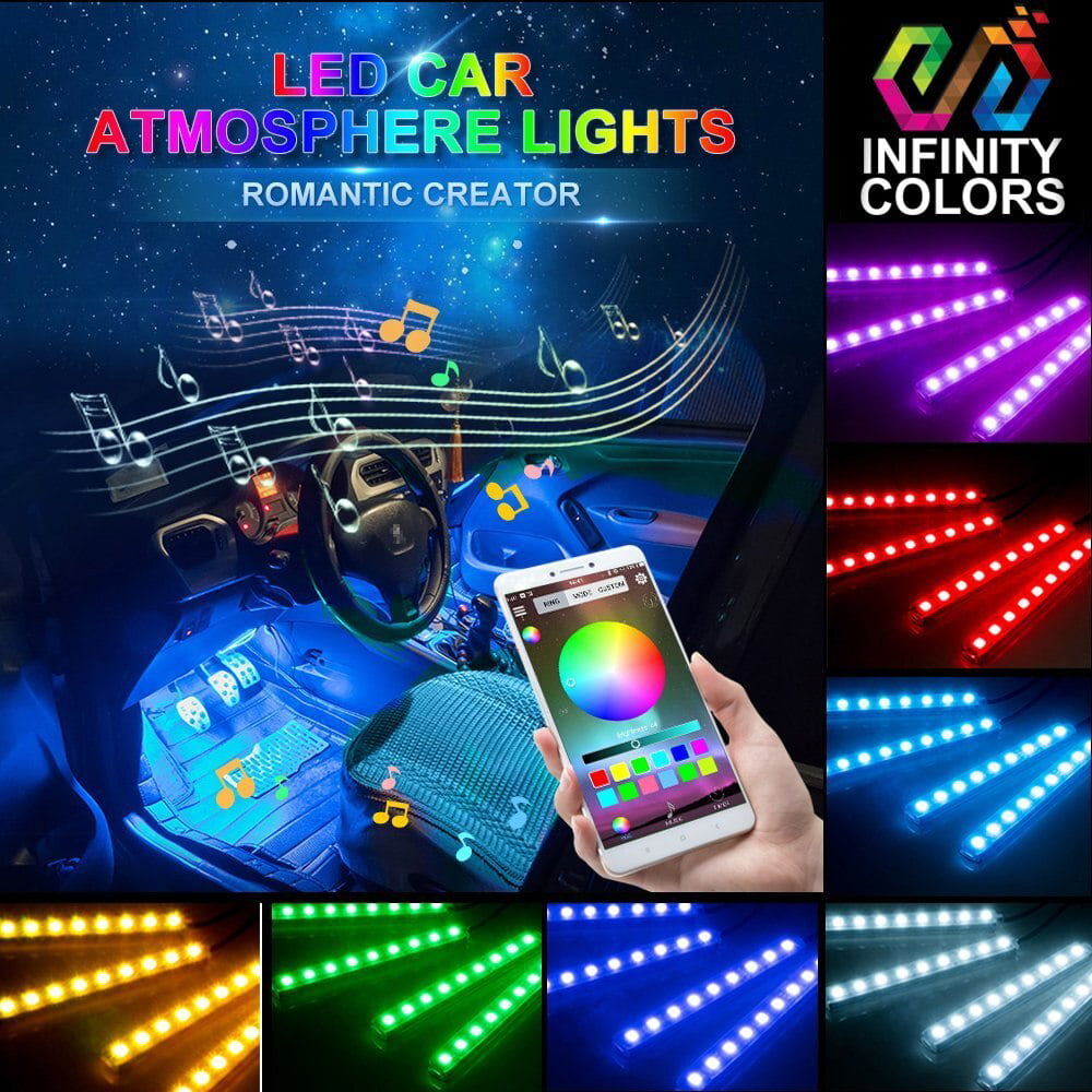 MICTUNING RGB Car LED Strip Light Wireless Remote Control Car Charger APP Controller LED Under Dash Lighting with Sound Active Function 4pcs 48 LEDs Multicolor Music Interior Atmosphere Lights 