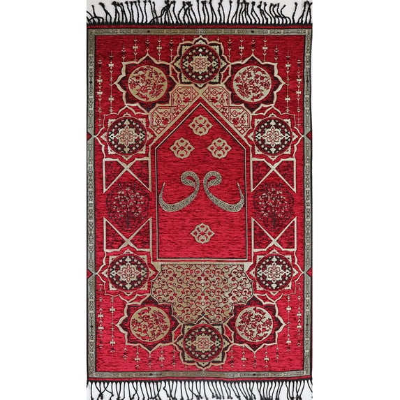 Modefa Turkish Islamic Thin Woven Chenille Prayer Mat Rug Janamaz Sajjadah Arabesque Waw - Red
