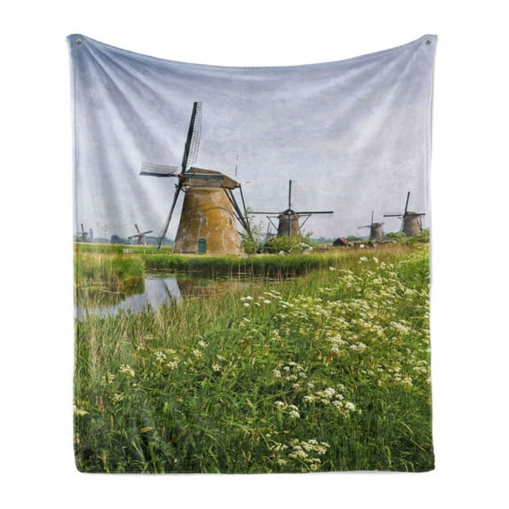 Windmill Soft Flannel Fleece Throw Blanket, Country Landscape the Netherlands Spring Blooming Parsley, Cozy Plush for Indoor and Outdoor Use, 50" x 60", Pale Coffee Pale Blue, by Ambesonne