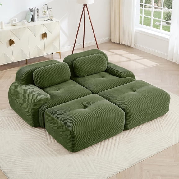 80" Modern Compressed Boneless Love Seat Couches with 2 Ottomans, 2 Seater Large Sectional Couches for Living Room, Green Corduroy Cloud Modular Sectional Sofa, Memory Foam, Deep Loveseat