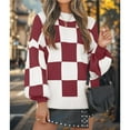 thumbnail image 6 of Women's Fall Fashion Roll-Neck Long Sleeve Plaid Ribbed Knit Loose Pullover Sweater Tops Burgundy Checkered XXXL, 6 of 9