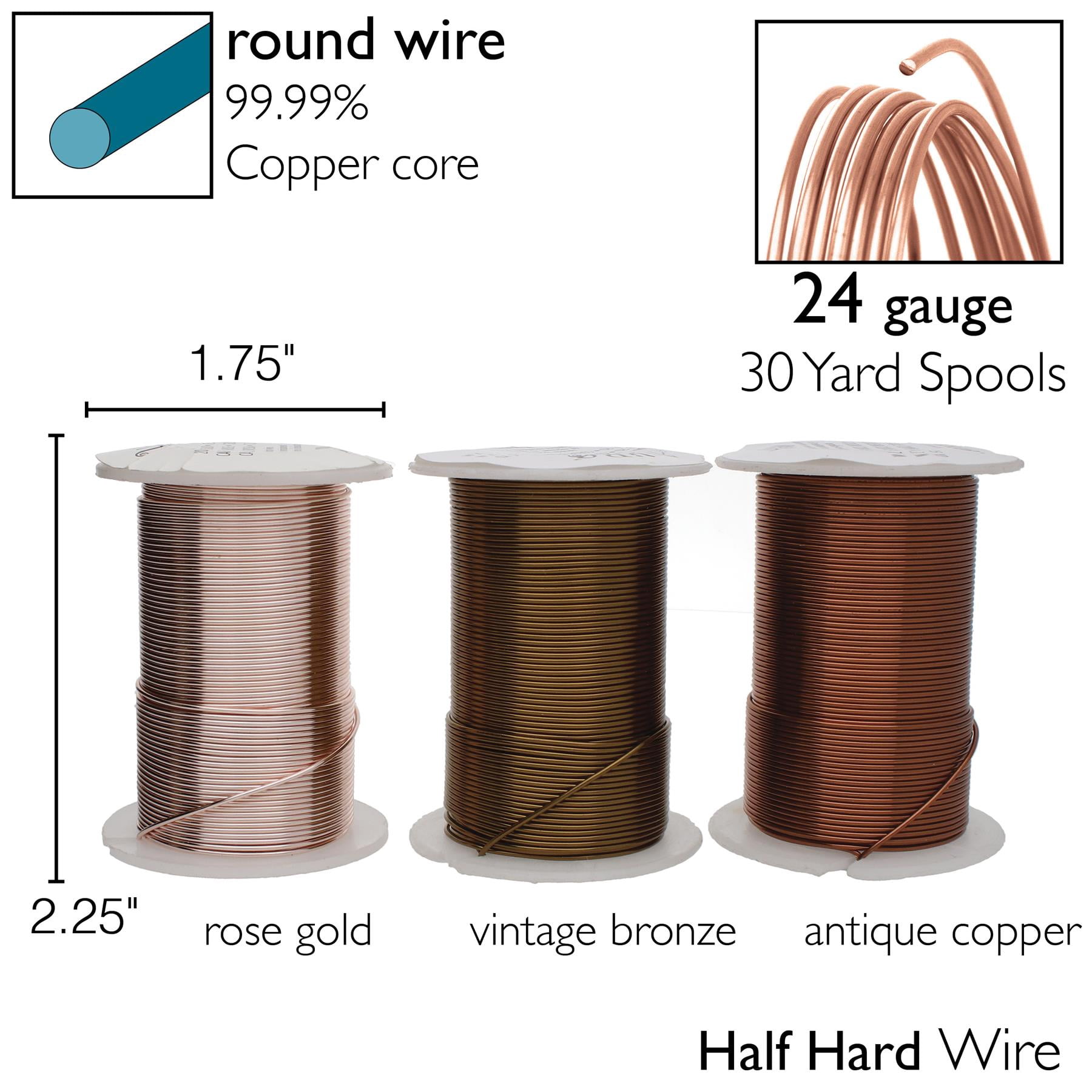 The Beadsmith Wire Elements 24-Gauge Lacquered Tarnish-Resistant Copper Wire for Jewelry Making, 4-30 Yard, 27.43 Meter Spools (Antique Copper, Vintage Bronze, & Rose Gold Color)