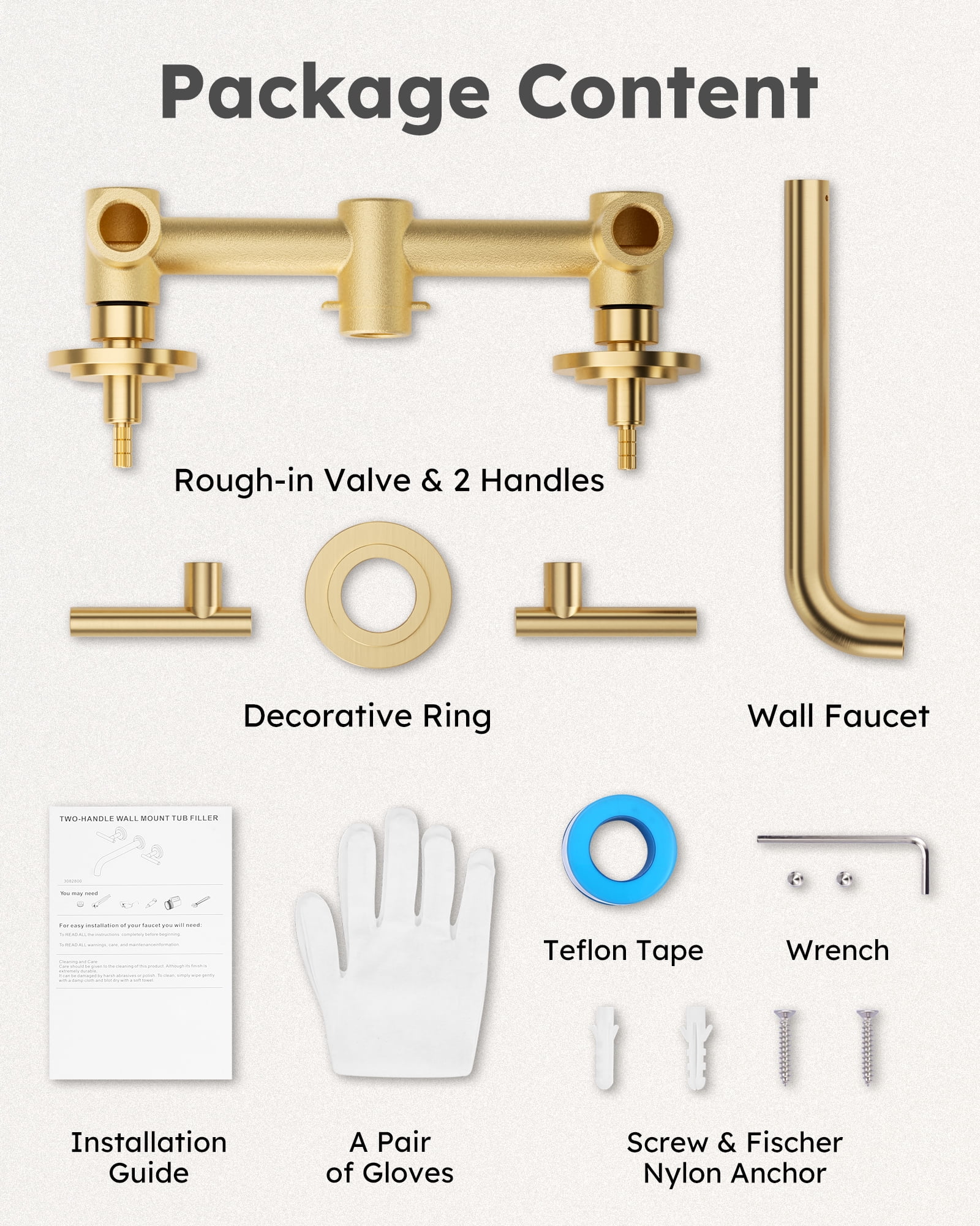 Wowow Wall Mount Tub Filler: Gold Tub Faucet High Flow Two Handles Solid Brass, Long Spout Reach,Tub Faucet Bathroom Bathtub Faucets with 2 Handles Tub Faucets with Brass Rough in Valve Include