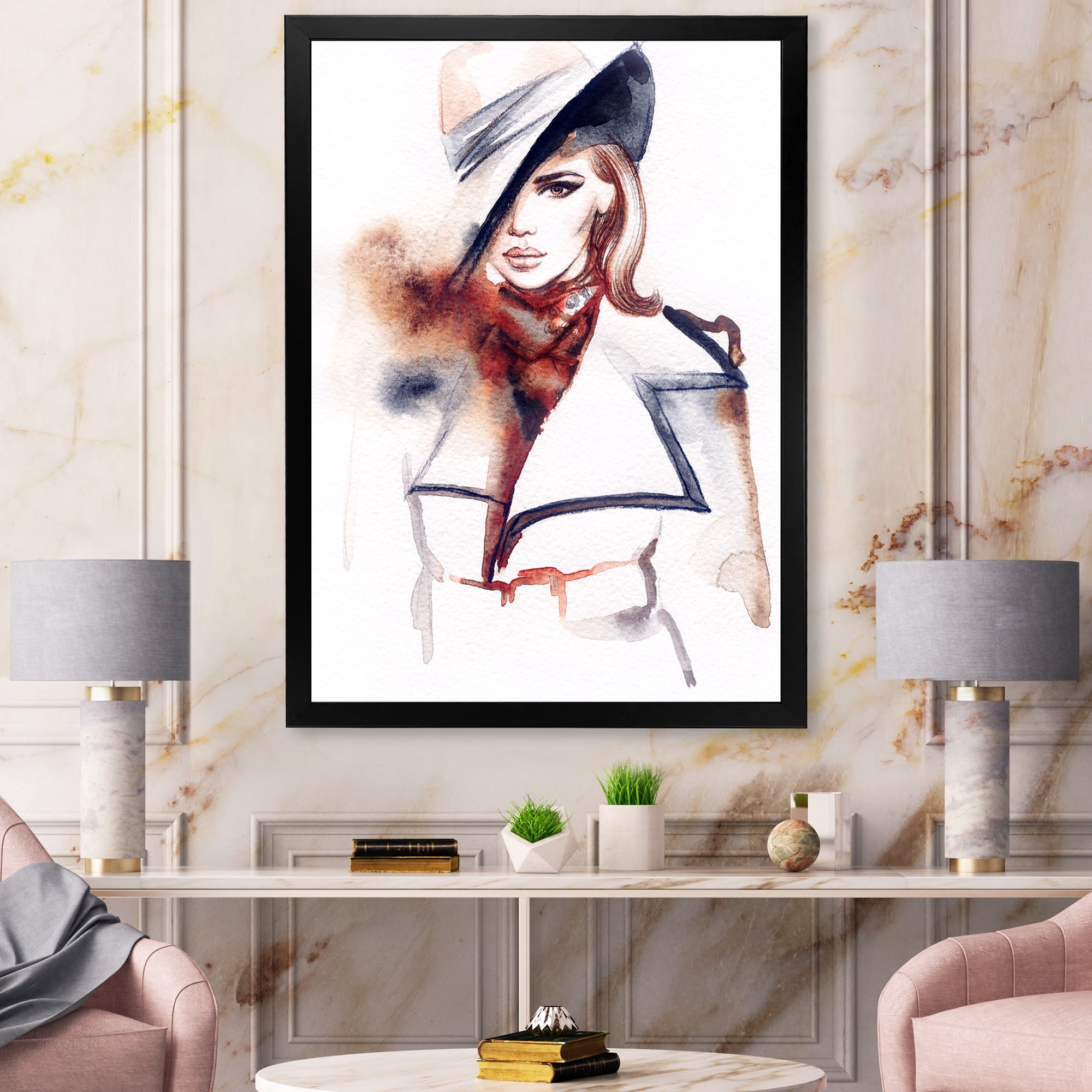 Fashion Portrait of Woman Wearing Hat 30 in x 40 in Framed Painting Canvas Art Print, by Designart