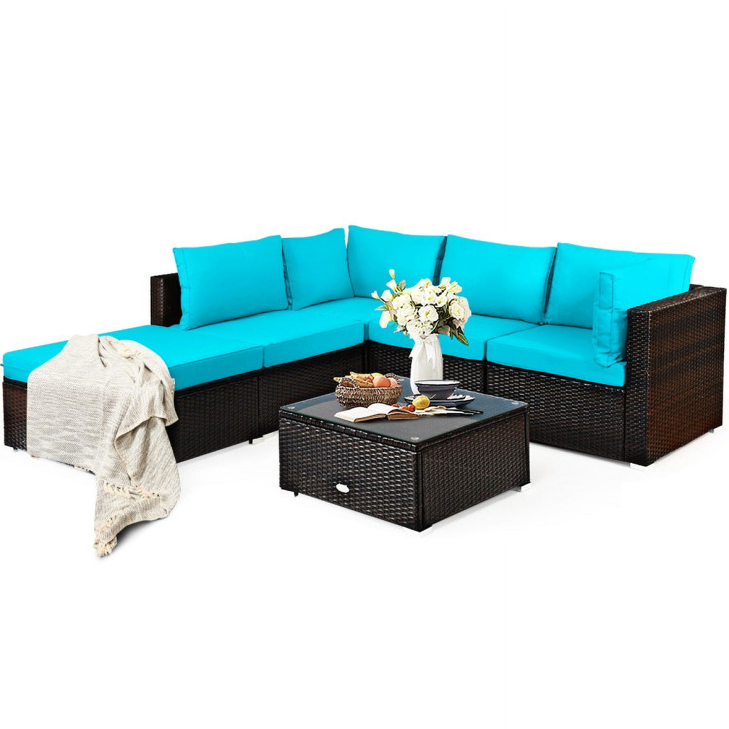 Aimee Lii 6 Pieces Outdoor Patio Rattan Furniture Set Sofa Ottoman, Outdoor Deck Furniture, Turquoise