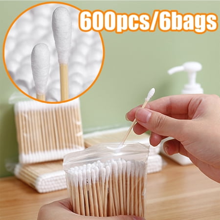 Travelwant 600Pcs/6Bags Count Cotton Swabs  Natural Double Round Cotton Tip Cotton Buds with Strong Bamboo Sticks for Ears  Cruelty-Free Ear Swab Ear Stick  Bamboo Cotton Sticks