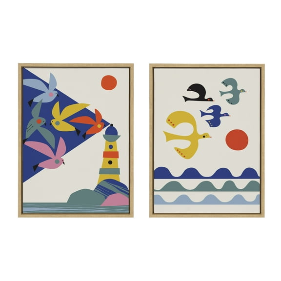 Kate and Laurel Sylvie Lighthouse Birds and Flock of Birds Framed Canvas Wall Art Set by Rachel Lee of My Dream Wall, 2 Piece 18x24 Natural, Mid-Century Colorful Bird Art