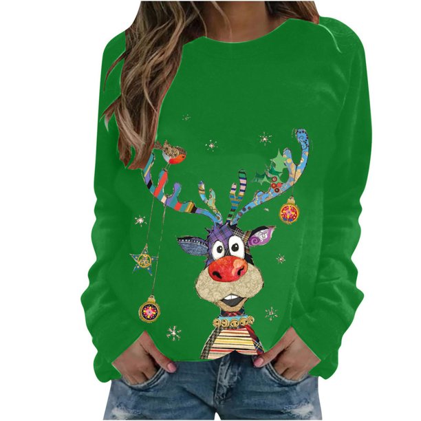 Sudaderas de Cuello Redondo de Navidad Para Mujer Estampado de Manga Larga Suelta Tops Individuales Blusa Odeerbi ODB193388
