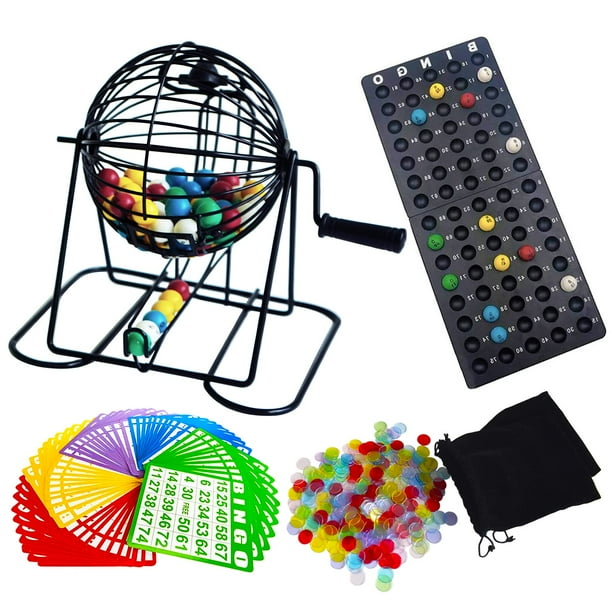 Juego de bingo Yuanhe Deluxe con jaula de metal, 75 bolas y 50 tarjetas