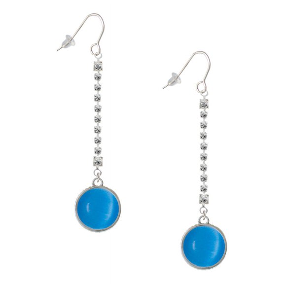Delight Jewelry Silvertone Round Imitation Cat's Eye Dark Teal Charm Silver-tone Long Sparkle Dangle French Earrings