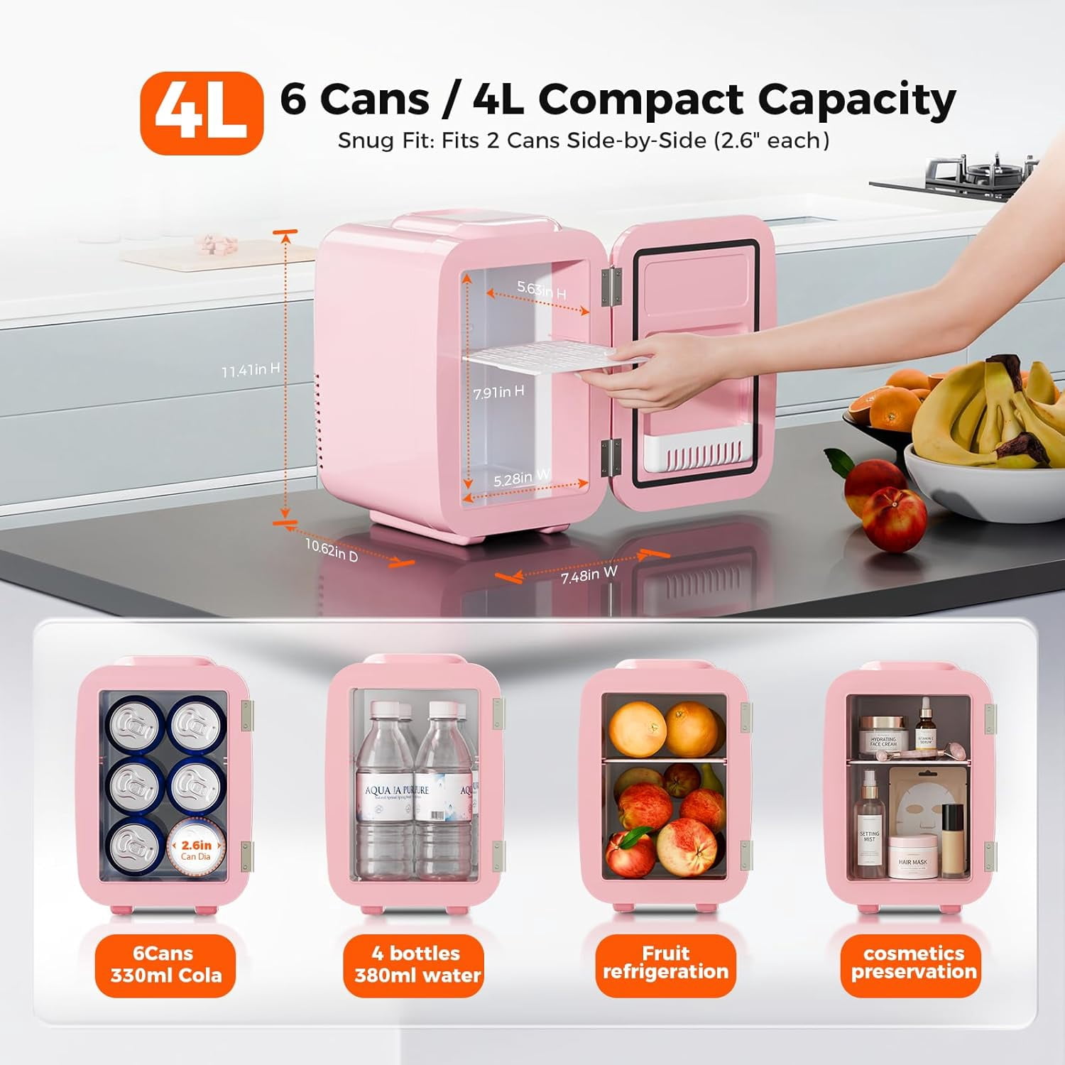 Mini Fridge, 4 Liter/6 Can Mini Makeup Fridge, 110V AC/ 12V DC Portable Thermoelectric Cooler&Warmer for Skincare, Drink, Cosmetic, Medicine, Small fridge for Bedroom, Office, Dorm, Car, Pink