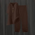 thumbnail image 2 of qolati Two Piece Sets for Women Solid 2 Piece Outfits Cotton Linen Oversized Button Down V Neck Long Sleeve Shirts High Waist Drawstring Wide Legs Pants Lounge Sets, 2 of 9