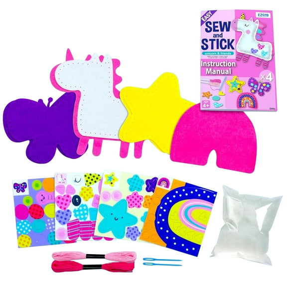 MUNDIDO Easy Arts and Crafts for Kids - No Mess Sewing Kit for Kids - 4 Easy to Do Unicorn Sewing Projects - Fun Felt Stickers - Tools with Instruction - Gifts for Girls Age 4,5,6,7,8