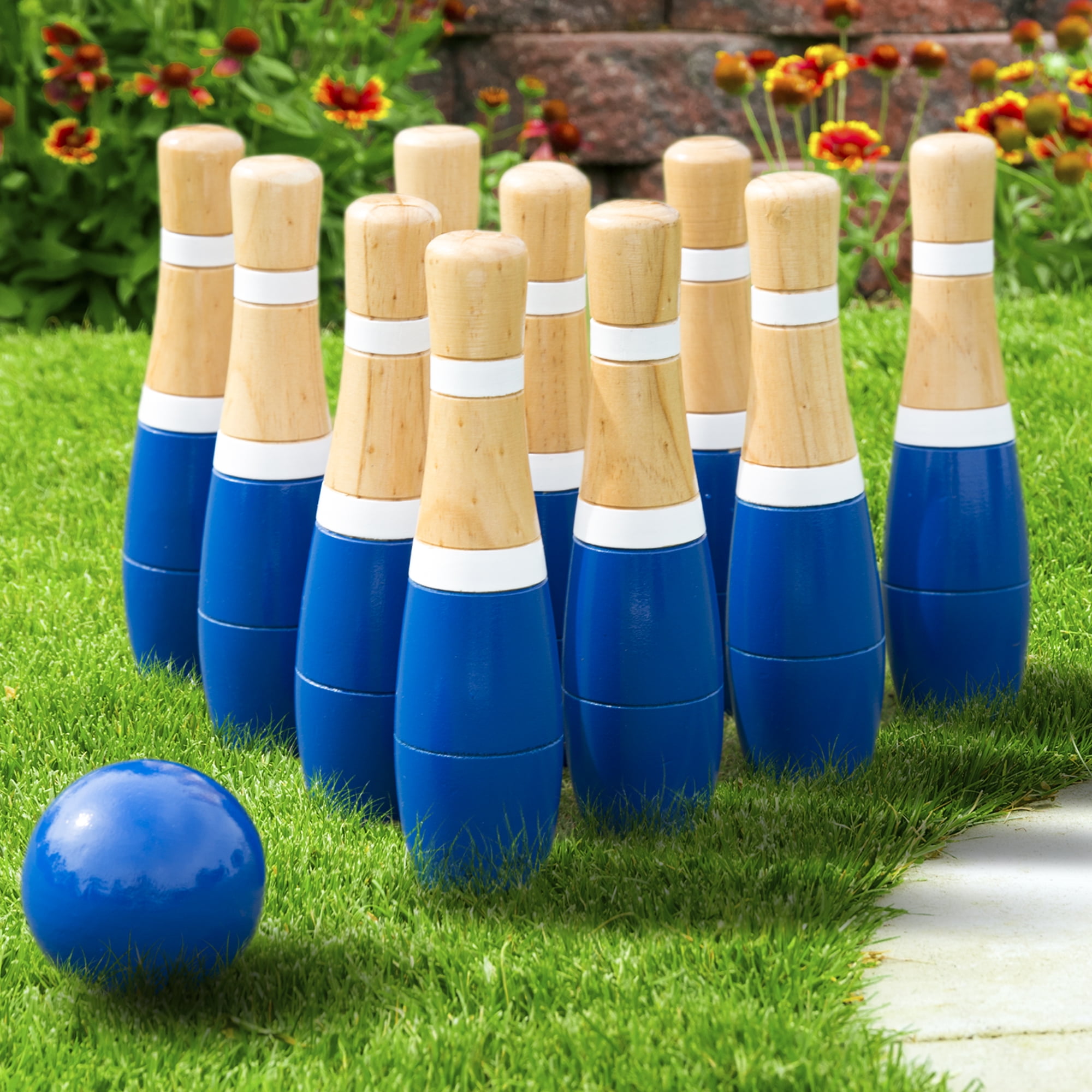 Miniature Bowling Game 10pcs Wooden Pins with 2" Wood Ball Kids Activities 