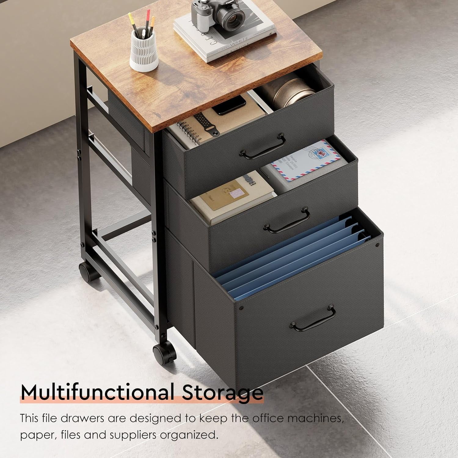 3 Drawer Mobile File Cabinet with Wheels Fabric Vertical Filing Cabinet fits A4 or Letter Size for Home Office,Rustic Brown