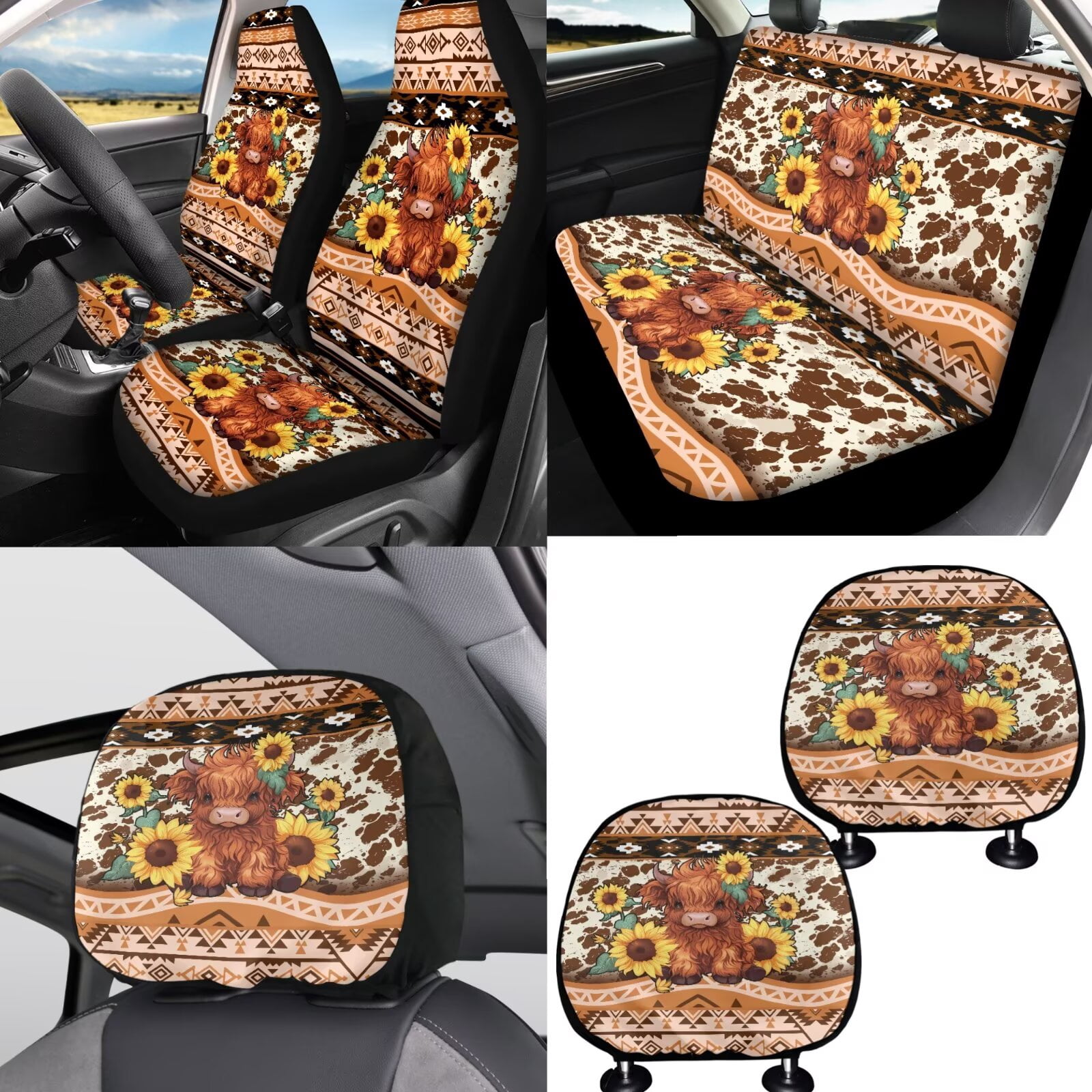 FKELYI Car Seat Covers with Steering Wheel Cover American Tribal Sunflower Highland Cow Print Auto Center Console Pad Seat Belt Pads Head Rest Covers Gear Shift Cover Hanbrake Cover, 16 Pcs