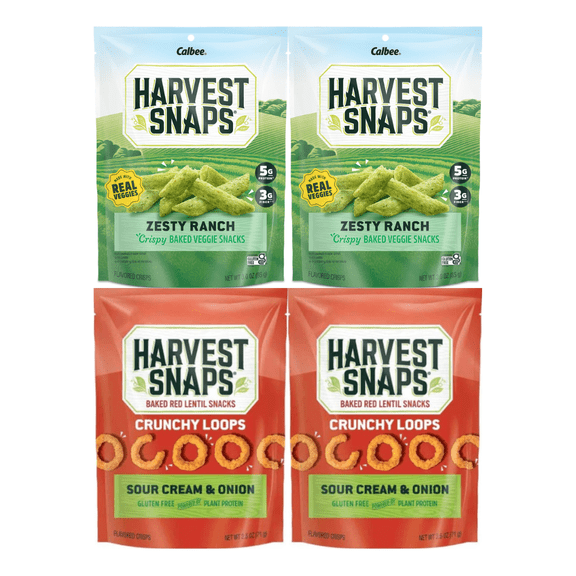 Harvest Snaps Veggie Chips Multipack 4 Count – Includes 2 Bags Sour Cream & Onion 2.5oz and 2 Bags Zesty Ranch 3.3oz – Baked Green Pea Crisps – Crunchy Gluten Free Snack Pack