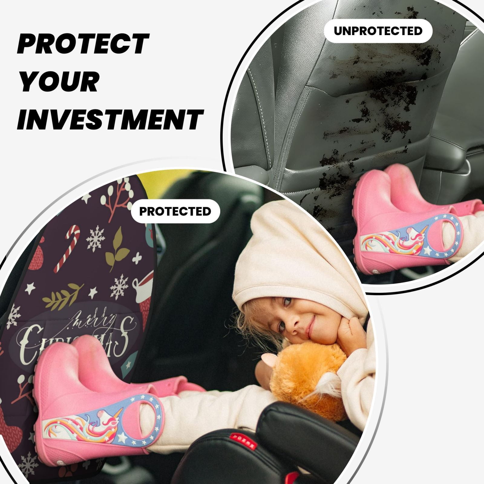 Xecao Merry Christmas Pattern Car Seat Back Protector 2 Pack Large Capacity Pocket, Kick Mats Back Seat Protector