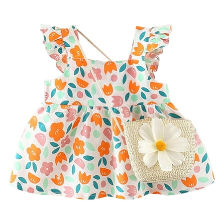 

GWAABD Big Girls Casual Dress Orange Cotton Blend toddler Girls Fly Sleeve Sundress Floral Prints Ruffles Princess Dress Dance Party Dresses Clothes 8