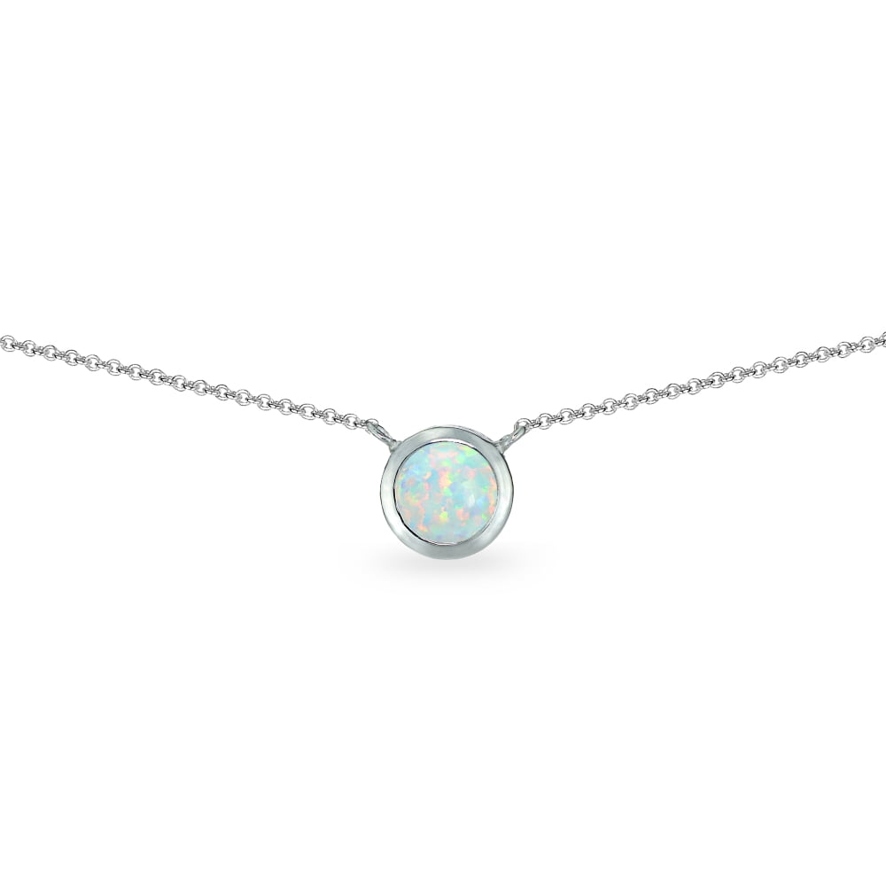 Simulated White Opal 6mm Round Bezel-Set Dainty Sterling Silver Choker Necklace
