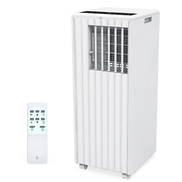 aire acondicionado portátil de 8000 btu para habitaciones de hasta 350 pies cuadrados. pie. unidad de aire acondicionado controlada remotamente con deshumidificador, modo ventilador, enfriamiento efic — Vista frontal 3/4 de unidad blanca con rejillas verticales frontales, panel LED montado arriba, asas laterales y ruedas inferiores; control remoto blanco a la izquierda. También se usa frecuentemente como ventilador portátil para mejorar la circulación en habitaciones pequeñas.