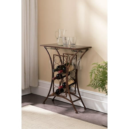 Metal Wine Glass Rack Tanner Brushed Copper Metal & Black Tempered Glass Transitional Wine Rack With 10 Bottle & Glass Holders Organizer Display Stand ()