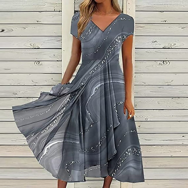 Robes pour Femmes 2024 Été Surdimensionnée pour Impression Florale Manches Courtes Col en V Robe Plissée Fluide Robes 50 % de Réduction!