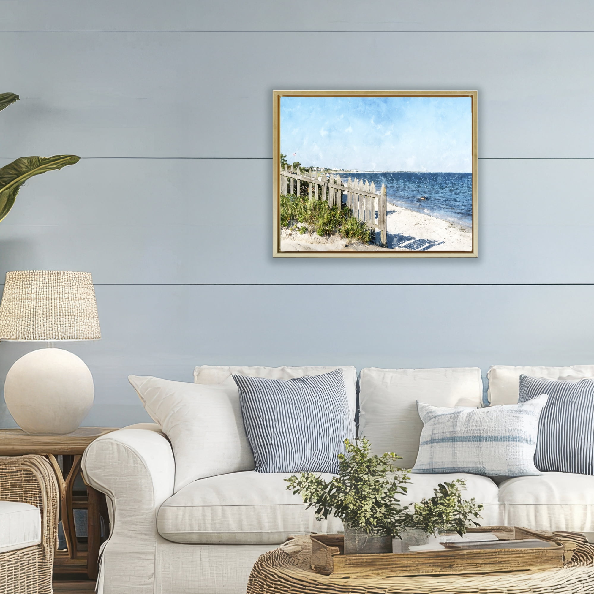 Stupell Industries Beach Pickets View Gold Framed Floater Canvas Wall Art, design by Kim Curinga