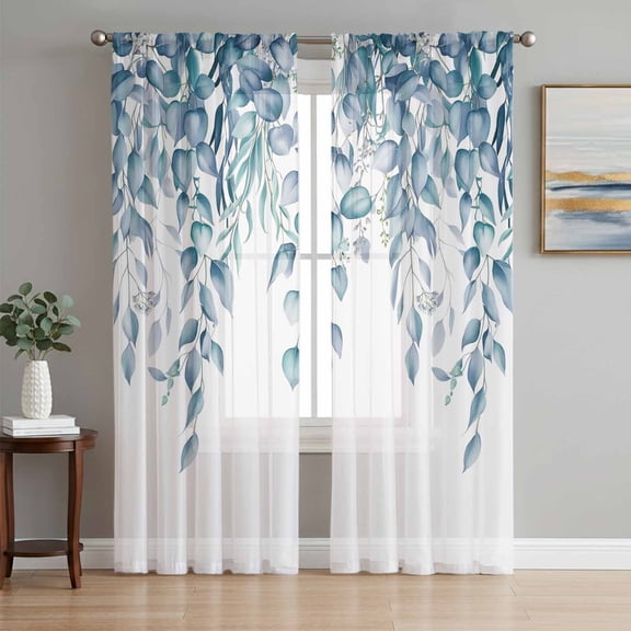 Eucalyptus Leaves Sheer Curtains 96 Inch Length 2 Panels Set, Light Blue Summer Botanical Weeping Voile Window Treatment Semi Sheer Long Curtains Drapes for Bedroom/Living Room/Kitchen 52"x96"x2