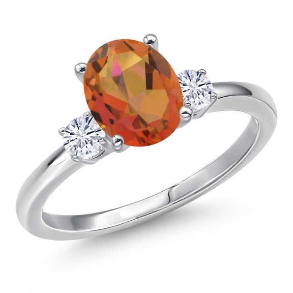 Gem Stone King 14K White Gold Twilight Orange Mystic Quartz and White Moissanite Engagement Ring for Women | 2.00 Cttw | Oval 9X7MM | Gemstone Birthstone | Size 8