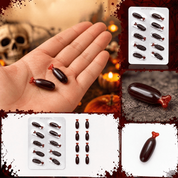 Halloween Party Favors for Adults and Kids, 10 Count Brown 2Ml Fake Blood Halloween Capsules, Bloody Halloween Decorations Zombie Party Accessory, Scary Kids Halloween Prop, 4X3