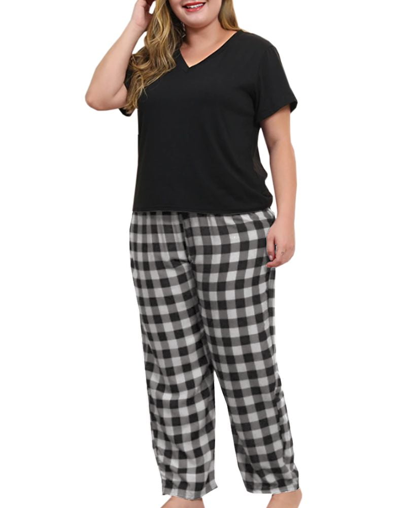 Fueri Women Plus Size Pajamas Set Plaid Lounge Pants VNeck Short