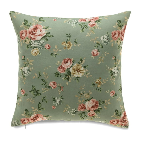 Pink Roses On Sage Green With Microgel Feather Like Insert Pillow