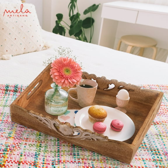 Coffee Table Tray Medium Burnt, Orchid Wood Serving Tray with Handles for Breakfast in Bed, Mango Wood Decorative Tray with Felt Pads, Large Serving Tray, 20 x 14 x 2.5